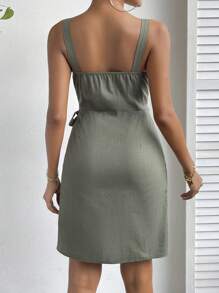 SHEIN Privé Solid Wrap Knot Side Dress - Army Green - View 2