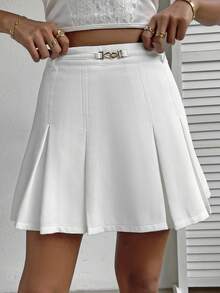 SHEIN Privé 素色鏈條細節百褶半身裙 - 白色 - 查看 5