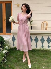 DAZY 泡泡袖抽褶腰連衣裙 - 粉色 - 查看 7