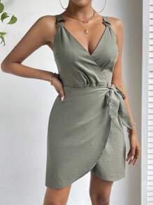 SHEIN Privé Solid Wrap Knot Side Dress - Army Green - View 5
