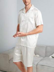 Men Striped Jacquard PJ Set / Pajama Set White Set - White - View 2