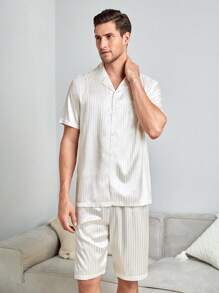 Men Striped Jacquard PJ Set / Pajama Set White Set - White - View 4