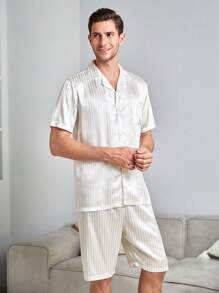 Men Striped Jacquard PJ Set / Pajama Set White Set - White - View 5