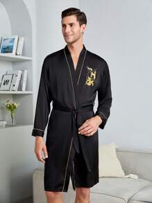 Men Dragon Embroidery Contrast Piping Satin Robe - Black - View 1