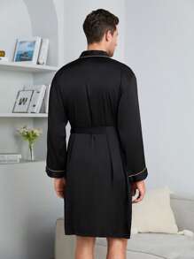 Men Dragon Embroidery Contrast Piping Satin Robe - Black - View 2