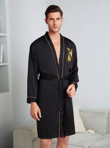Men Dragon Embroidery Contrast Piping Satin Robe - Black - View 3