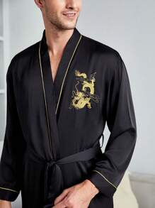 Men Dragon Embroidery Contrast Piping Satin Robe - Black - View 4