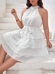 SHEIN Privé 大碼圓點腰帶繞頸層疊下擺洋裝 - 白色 - 查看 1