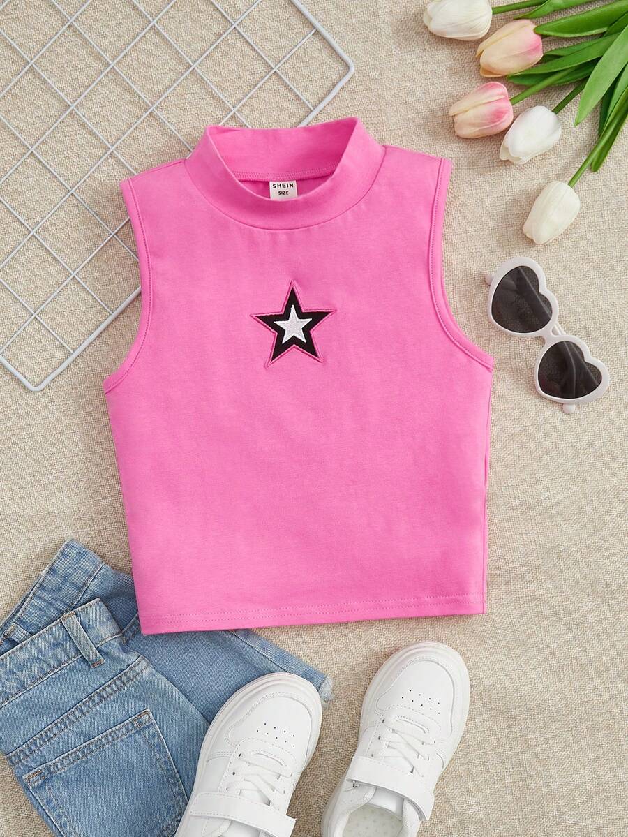 SHEIN Tank Tops & Camis Bé Gái Thêu Hình học Giải trí - Hồng - Xem 1