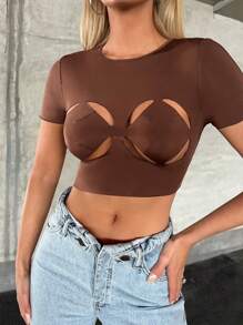 SHEIN ICON 前鏤空短款T恤 - 咖啡棕 - 查看 1