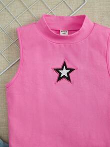 SHEIN Tank Tops & Camis Bé Gái Thêu Hình học Giải trí - Hồng - Xem 4