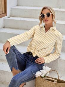 SHEIN Privé Áo sơ mi nữ Nút phía trước Sọc Giải trí - Màu vàng - Xem 1