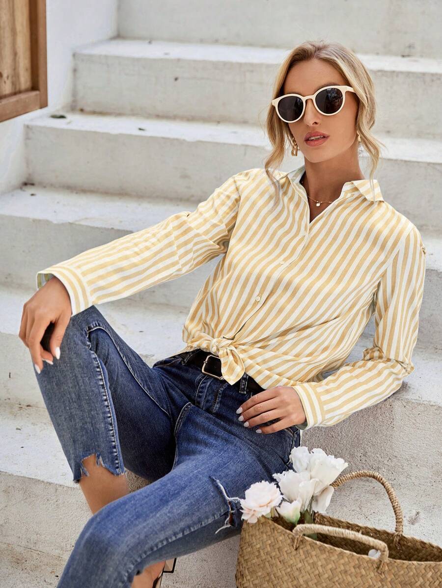 SHEIN Privé Áo sơ mi nữ Nút phía trước Sọc Giải trí - Màu vàng - Xem 1