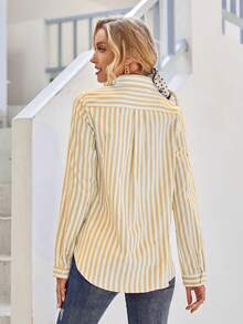 SHEIN Privé Áo sơ mi nữ Nút phía trước Sọc Giải trí - Màu vàng - Xem 2