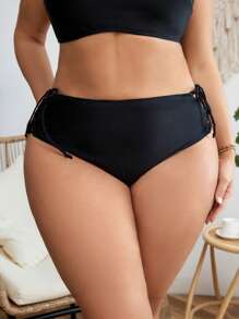SHEIN Swim Curve Summer Plus Size Lace Up Side High Waist Bikini Bottom - Black - View 3
