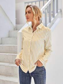 SHEIN Privé Áo sơ mi nữ Nút phía trước Sọc Giải trí - Màu vàng - Xem 3