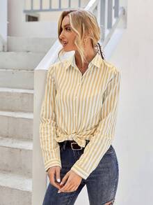SHEIN Privé Áo sơ mi nữ Nút phía trước Sọc Giải trí - Màu vàng - Xem 4