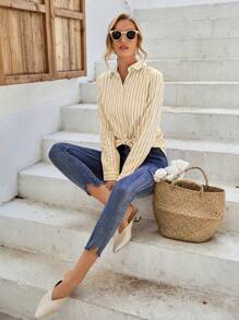 SHEIN Privé Áo sơ mi nữ Nút phía trước Sọc Giải trí - Màu vàng - Xem 6