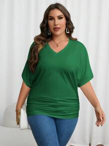 SHEIN Essnce Camiseta de manga murciélago fruncido - Verde militar - Ver 1