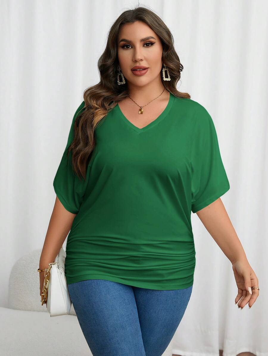 SHEIN Essnce Camiseta de manga murciélago fruncido - Verde militar - Ver 1