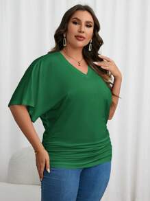 SHEIN Essnce Camiseta de manga murciélago fruncido - Verde militar - Ver 4