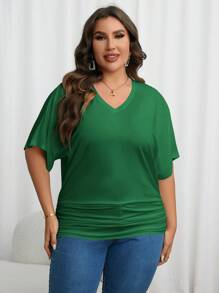 SHEIN Essnce Camiseta de manga murciélago fruncido - Verde militar - Ver 5