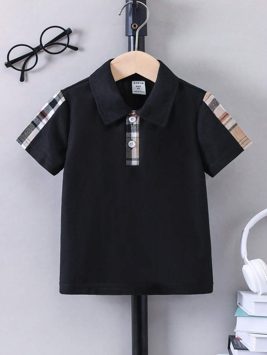 SHEIN 小男童格紋印花POLO衫