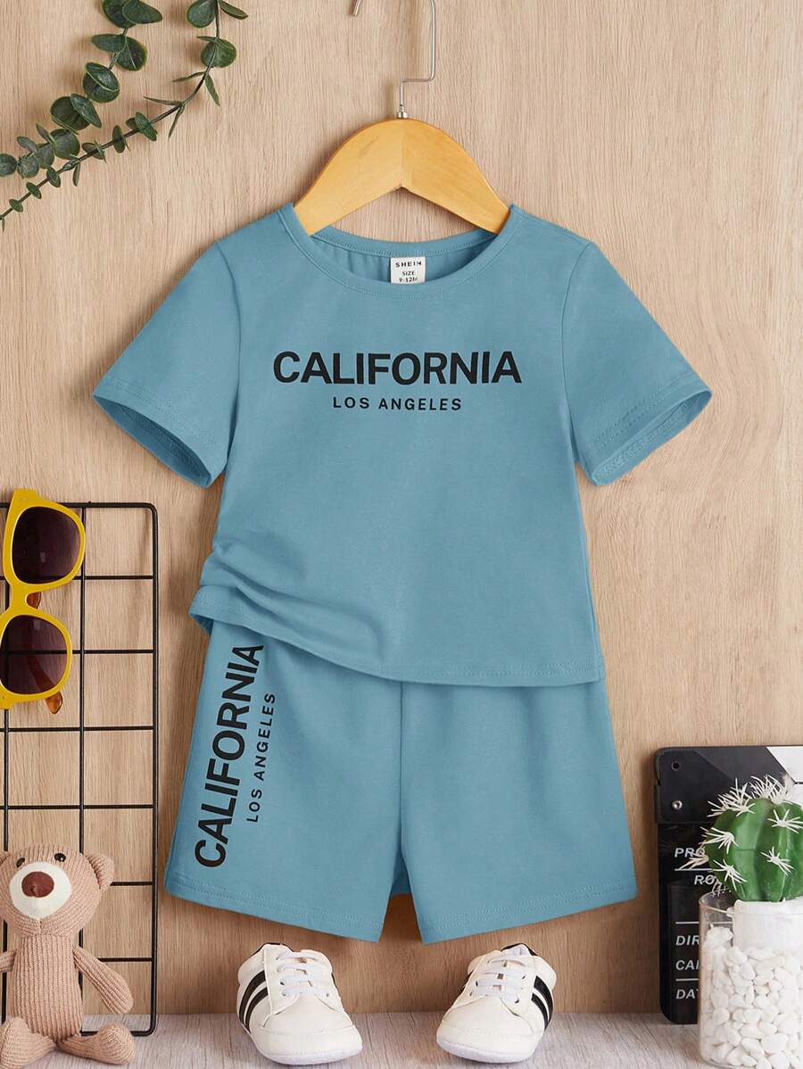 SHEIN 寶寶男孩字母圖形短袖T恤和短褲 - 青碧色 - 查看 1