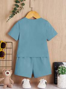 SHEIN 寶寶男孩字母圖形短袖T恤和短褲 - 青碧色 - 查看 2