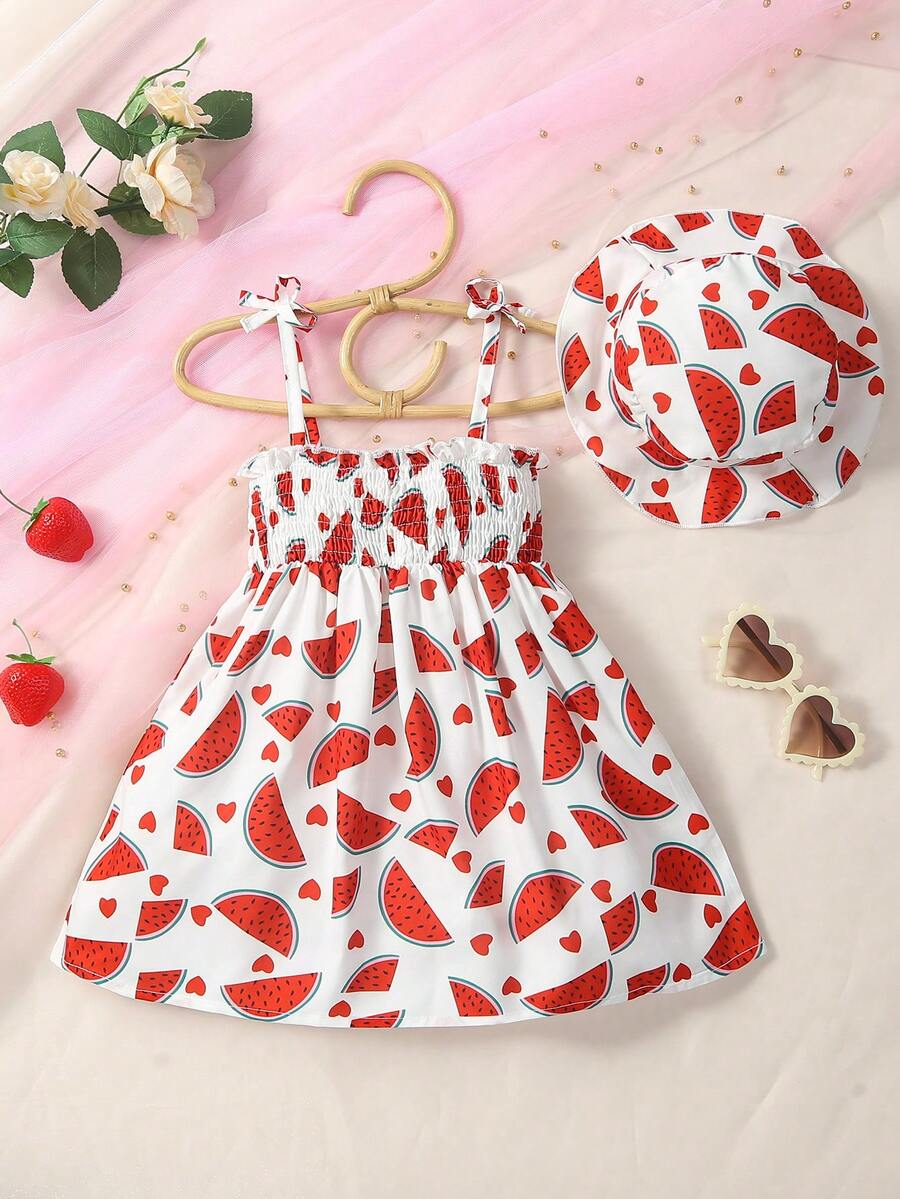 SHEIN Baby Watermelon Print Cami Dress & Hat - White - View 1