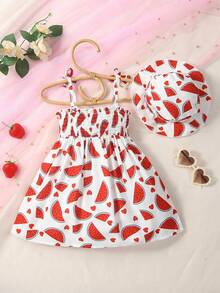 SHEIN Baby Watermelon Print Cami Dress & Hat - White - View 2