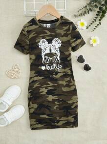 SHEIN Tween Girl Letter & Figure Graphic Camo Print Dress - Multicolor - View 1