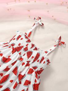 SHEIN Baby Watermelon Print Cami Dress & Hat - White - View 4