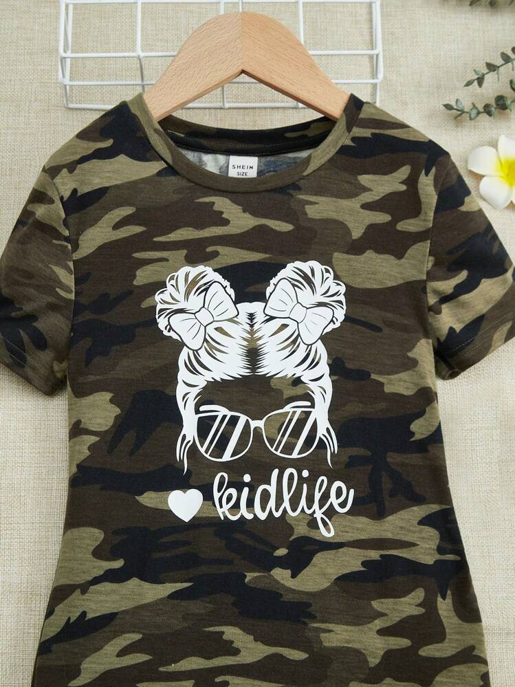 SHEIN 女大童字母人物圖案迷彩印花連衣裙 - 彩色 - 查看 3
