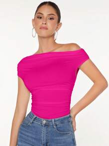 SHEIN BAE Áo phông xếp nếp cổ bất đối xứng, đi chơi - Màu Hồng Tươi - Xem 1