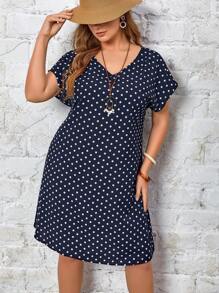 EMERY ROSE 大碼蝙蝠袖波卡圓點連衣裙 - 藏蓝色 - 查看 1