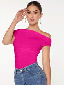 SHEIN BAE Áo phông xếp nếp cổ bất đối xứng, đi chơi - Màu Hồng Tươi - Xem 4