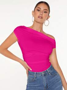 SHEIN BAE Áo phông xếp nếp cổ bất đối xứng, đi chơi - Màu Hồng Tươi - Xem 6