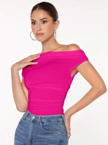 SHEIN BAE Áo phông xếp nếp cổ bất đối xứng, đi chơi - Màu Hồng Tươi - Xem 7