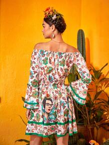 Frida Kahlo X SHEIN In hoa Off Shoulder Tua Tie Trước Tay áo kèn  Xù Hoa Sen Đầm - Nhiều màu - Xem 2