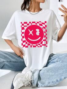 SHEIN EZwear 表情圖案落肩袖超大號T恤 - 白色 - 查看 1