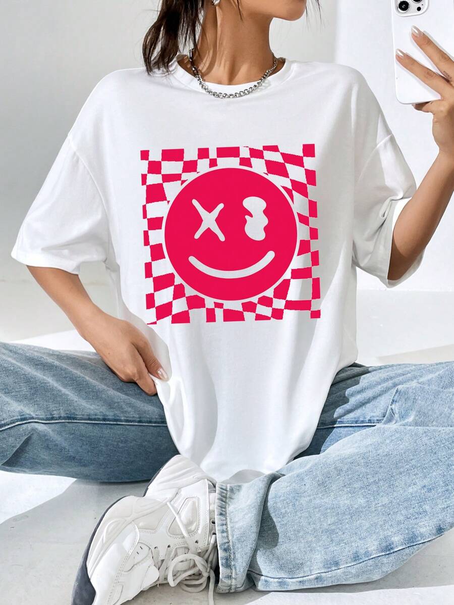 SHEIN EZwear 表情圖案落肩袖超大號T恤 - 白色 - 查看 1