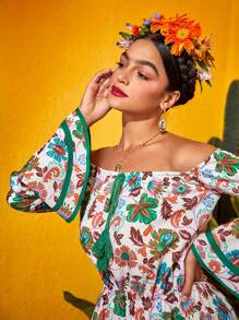 Frida Kahlo X SHEIN In hoa Off Shoulder Tua Tie Trước Tay áo kèn  Xù Hoa Sen Đầm - Nhiều màu - Xem 3