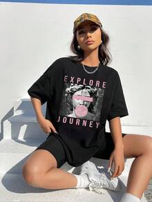 SHEIN EZwear 人物和字母圖案落肩袖超大號T恤 - 黑色 - 查看 4