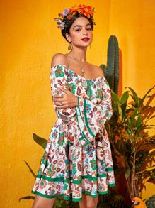 Frida Kahlo X SHEIN In hoa Off Shoulder Tua Tie Trước Tay áo kèn  Xù Hoa Sen Đầm - Nhiều màu - Xem 4