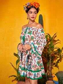 Frida Kahlo X SHEIN In hoa Off Shoulder Tua Tie Trước Tay áo kèn  Xù Hoa Sen Đầm - Nhiều màu - Xem 5