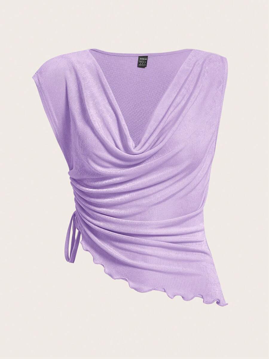 SHEIN ICON Áo thun nữ Bất đối xứng Vắt Dây kéo Thắt nút Xù nhỏ Xù màu trơn Giải trí - Màu Lilac Tím - Xem 1