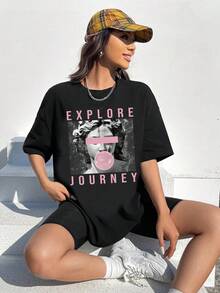 SHEIN EZwear 人物和字母圖案落肩袖超大號T恤 - 黑色 - 查看 6