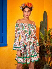 Frida Kahlo X SHEIN In hoa Off Shoulder Tua Tie Trước Tay áo kèn  Xù Hoa Sen Đầm - Nhiều màu - Xem 6