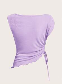 SHEIN ICON Áo thun nữ Bất đối xứng Vắt Dây kéo Thắt nút Xù nhỏ Xù màu trơn Giải trí - Màu Lilac Tím - Xem 2